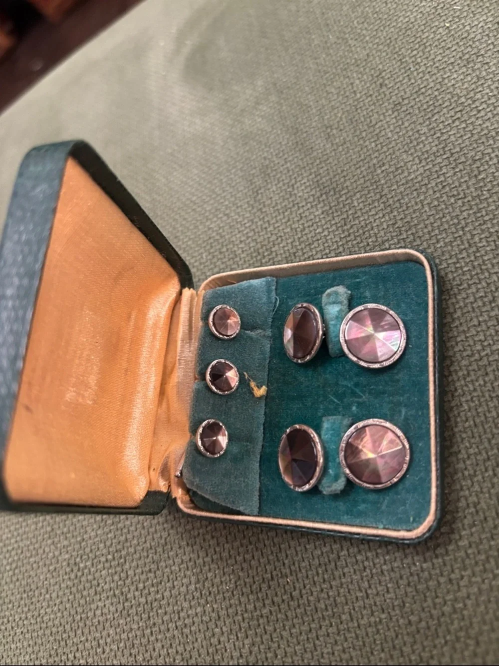Vintage art deco silver and smoke mother of pearl cuff links and button studs